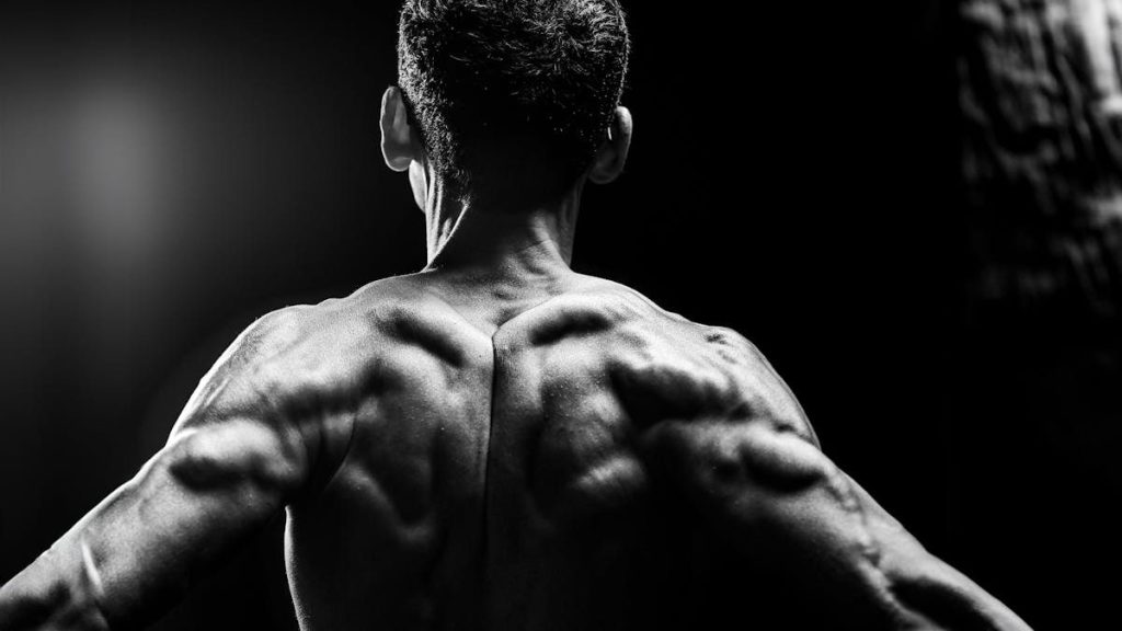 Dynamic black and white portrait highlighting muscular physique and body definition.